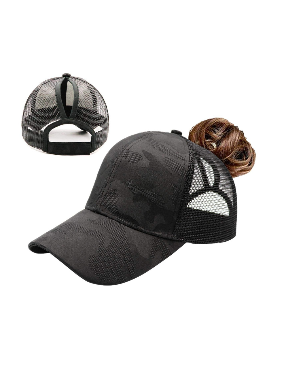 Womens High Ponytail Messy Bun Baseball Caps | Camo Fabric Black | Size OS